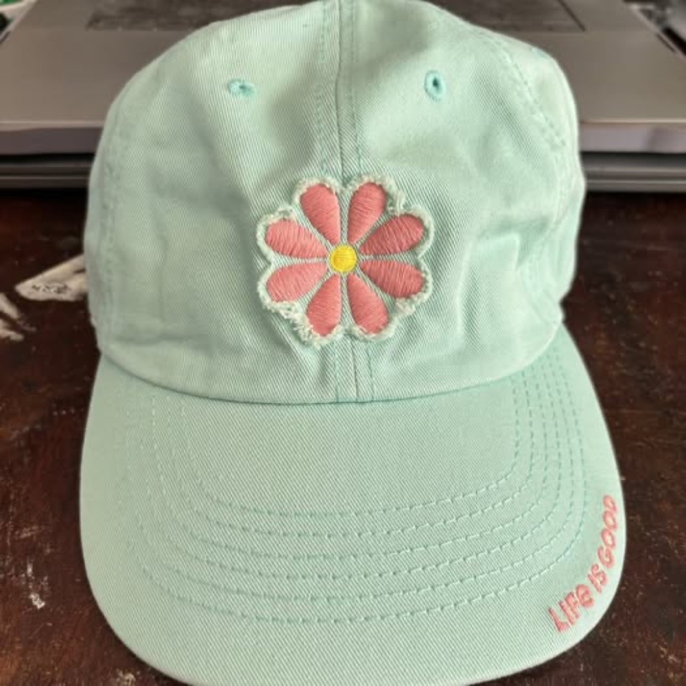 Life is Good Women’s Baseball Cap – Mint Green with Pink Flower Embroidery